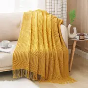 Textured throw blanket solid soft for sofa couch decorative knitted blanket, yellow