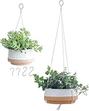 TAMAYKIM Ceramic Hanging Planter Basket with Macrame Hanger, 9 Inch + 6 Inch Garden Flower Pots with Rope and Hooks, Plant Hanger Containers for Indoor and Outdoor Garden Plants, Set of 2