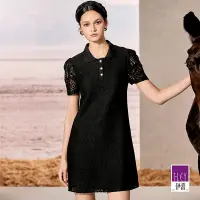 在飛比找Yahoo奇摩購物中心優惠-ILEY伊蕾 縷空蕾絲針織POLO領洋裝(黑色；M-L)12