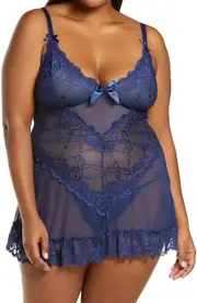 Oh La La Cheri Valentine Soft Cup Babydoll Chemise & G-String Thong in Estate Blue at Nordstrom, Size 1X