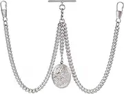 [Holy Sins Jewellery] Double Albert Silver Pocket Watch Chain with Floral Locket Pendant – Adjustable Length, Handmade in the UK, 14", Stainless Steel Brass, No Gemstone