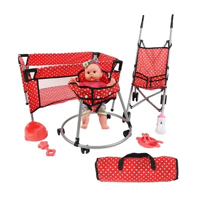 Baby Doll Set Toy Push Stroller Walker Infant Crib Nurturing Pretend Playset Red