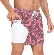 [GuoChe] Men's Swimming Trunks Men 2In1 Running Shorts Valentine's Day Love Floral Retro Pink with Compression Liner and, Valentine's Day Love Floral Retro Pink, Small