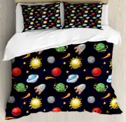 Space Duvet Cover Set with Pillow Shams Cosmos with Sun Planets Print
