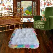 Fluffy Soft Shag Faux Fur Accent Rug, White, Rainbow Trimmed Rectangle, Nursery
