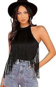 [Generic] Women's Fringe Trim Sleeveless Bodycon Halter Bodysuit Top