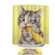Cats Funny Art Painting Grey Tabby Eating Corn Shower Curtain