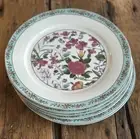 Grace Teaware Turquoise Border Pink Floral Dinner Plates 11.5" ~ Set of 6 ~ New