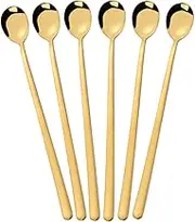 Turbokey Long Handle Spoon, 9.25-inch Stainless Steel Iced Teaspoon Titanium Colorful Plated Spoons for Mixing,Tea,Milkshake,Coffee (Set of 6, Gold)