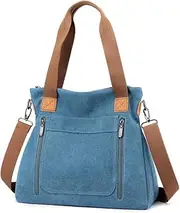 [JIANLINST] Women Canvas Handbag Shoulder bags Casual Multi-Pocket Top Handle Tote Crossbody Shopping Bags, Blue, Large