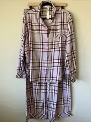NWT Victoria Secret Pajama PJ Set Purple Long Sleeve Cotton flannel Plaid Pink L