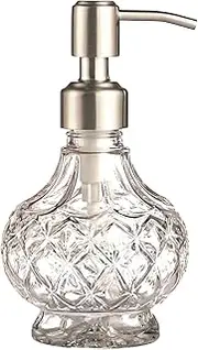 YunNasi 7.4 Oz Glass Soap Dispenser with Stainless Steel Pump, Clear Crystal Design, Vintage and Elegant, for Dish Detergent, Shampoo Lotion, Bathroom Countertop, Kitchen, Laundry Room (Style 1)