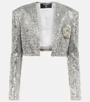 [Balmain] Balmain Cropped sequined blazer UK 14 silver