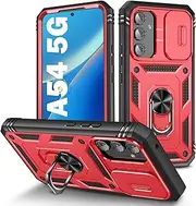 [PASNEW] for Samsung Galaxy A54 Case,360° Kickstand & Camera Slide Cover,Military Multi-Layer Heavy Duty Full Body Shockproof Hard Shell for Samsung A54 5G,6.4 inch,Red
