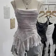 Asymmetrical Ruffle Trim Lace Panel Mesh Slim Fit Camisole Top Light Gray - One Size