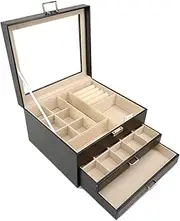[Goodsnetic] Jewelry Box with Glass Lid, 3-Layer Jewelry Organizer with 2 Drawers for Loved Ones Gifts, Black