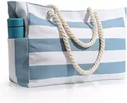 [BETAHEAR] Beach Bag for Women Large Waterproof Pool Bag with Zipper, Sandproof Canvas Travel Tote Bags for Birthday Gift Valentines Day, Sky Blue, Large