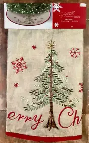 Jaclyn Smith 48" Burlap Merry Christmas Embroidered Beaded Tree Skirt Beige NWT