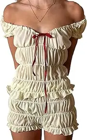 [Raruxxin] Women 2 Piece Cute Skirt Set Ruffle Ruched Short Sleeve Tieup Crop Top Low Rise Pleated Mini Skirt Summer Y2k Outfit