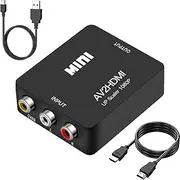 RCA to HDMI Converter, 1080P RCA Composite CVBS AV to HDMI Video Audio Converter Adapter Compatible with N64 Wii PS2 Xbox VHS VCR Camera DVD, Support PAL/NTSC with HDMI and USB Power Cable