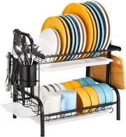 2 Tier Stainless Steel Dish Rack, Kitchen Counter Rust-Proof Drainer Drainboard, Utensil Holder Cutting Board Holder Black