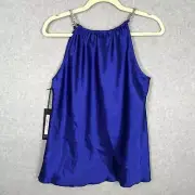 Nicole Miller Top Womens Small Blue Tank Blouse Satin Halter Chain Flowy Sexy