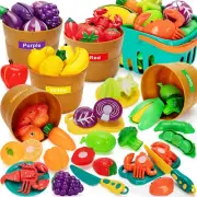 Color Sorting Play Food Set 68 Pcs Cutting Play Food Toy for Kids Kitchen Preten