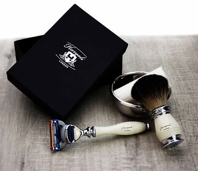 Vintage Shaving Set Super Badger Shaving Brush, 5 Edge Safety Razor & Steel Bowl