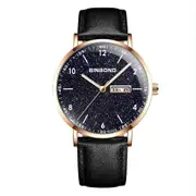 Waterproof Ultra-Thin Quartz Luminous Starry Watch With Black Leather And Rose Gold Accents