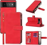 Cavor for Google Pixel 6 Case[6.4 inch] PU Leather Folio Flip Cover Kickstand 2 in 1 Detachable Wallet Magnetic Case Zipper Coin Pocket 6 Card Slots-Red