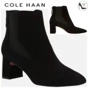 Cole Haan Etta Black Suede Pointed Toe Ankle Booties Block Heel Leather Boot 9.5