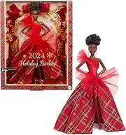 [Barbie] Signature Doll, 2024 Holiday Fashion Doll with Brown Hair Wearing Plaid Gown, Seasonal Collector Gift in Displayable Packaging