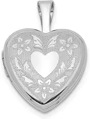[JewelryWeb] 925 Sterling Silver Polished Patterned Satin Back Holds 2 photos Love Heart Angel Wings 12mm-Heart Locket-Locket Necklace for Women