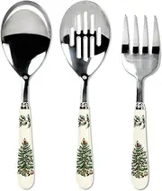 [Spode] Christmas Tree 3-Piece Stainless Steel Cutlery Set - Porcelain Handle Flatware with Meat Fork, Serving Spoon, and Slotted Spoon - Holiday Silverware for Christmas Dinners & Seasonal Gatherings