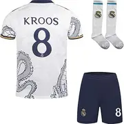[PraiseLight] R. Madrid Toni Kroos #8 Children's Jersey Football Special White Dragon Edition Shorts Socks Set Youth Sizes (White, 30)