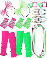 [Maiteenly] 80s Accessories for Women, 14 Pcs 80s Neon Lace Headband Earrings Fishnet Gloves Necklace Leg Warmers Silicone Bracelet for Halloween 1980s Theme Retro Party, Fluorescent Green, Rose Red