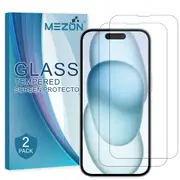 [2 Pack] Apple iPhone 15 (6.1”) Tempered Glass Crystal Clear Premium 9H HD Screen Protector by MEZON – Case Friendly, Shock Absorption (iPhone 15, 9H)