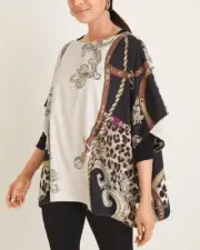 CHICO'S Tunic Top Womens S/M Reversible Poncho Chic Mixed-Print Leopard-Print