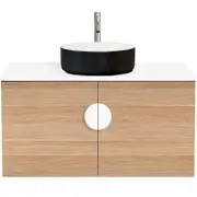 CIBO 900mm Oak Mornington Wall Hung Vanity With Black / White Basin And White Handle