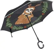 Double Layer Inverted Umbrella Cars Reverse Umbrella Cute Antlers Sloth Christmas Windproof UV Proof Travel Outdoor Umbrella