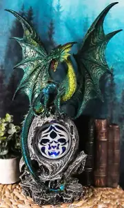 Large Jade Pagoda Asian Dragon Guarding LED Light Fire Emblem Amulet Statue