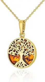 [AMBEDORA] Women's Small Necklace Celtic Tree of Life Mod.05 with Amber, Sterling Silver Gold-Plated, Baltic Amber in Cognac Colour, Gold-Plated Pendant on Chain, Sterling Silver, Amber