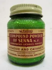 VINTAGE NOS MCKESSON'S COMPOUND SENNA POWDER LAXATIVE GREEN GLASS JAR DRUG STORE