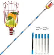 Fruit Picker Tool, 2.4m 8ft Height Adjustable Fruit Picker Pole Tool with Baskets, Light-Weight Stainless Steel Fruit Picking Equipment for Apples Oranges Tangerines Pears Mangoes Avocados