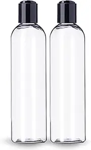 ljdeals 8 oz Clear Plastic Empty Bottles with Black Disc Top Caps, Refillable Containers for Shampoo, Lotions, Cream and More Pack of 2, BPA Free, Made in USA