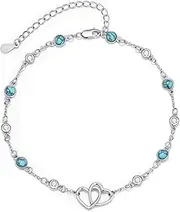 [KoyeKei] Turquoise Anklets for Women Sterling Silver Double Heart Ankle Bracelet Beach Chain Waterproof Boho Summer Jewelry Birthday Mothers Day Gifts for Mom Her, Medium, Silver, Cubic Zirconia