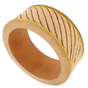 Tan Beige Striped Embroidered Chunky Natural Wood Bangle Bracelet Vintage 8.25"