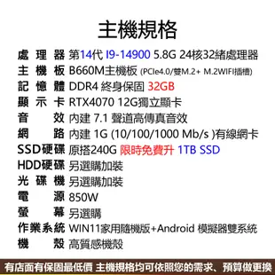 【59706元】全新INTEL第14代I9-14900最強處理器RTX4070 12G獨立顯卡含系統市面電腦3D遊戲繪圖