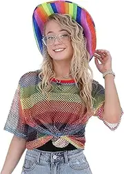 Smiffys Rainbow Mesh Top, Unisex Pride Festival T-Shirt, Colourful See-Through Fishnet Design, Lightweight & Breathable, LGBTQ+ Fancy Dress Costume, Summer Party & Clubwear Accessory
