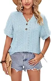 [LEKOPUR] Blouse Women's Summer Short Sleeve Tunic Shirt V Neck Women's Tops Spring Elegant Summer Blouses Casual Hole Pattern Blouse Shirt Autumn T-Shirt Top